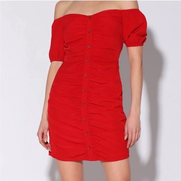 Walter Baker Dress Red Odette Ruched Crepe Off Shoulder Mini Button Front NWT 4 - Picture 1 of 12
